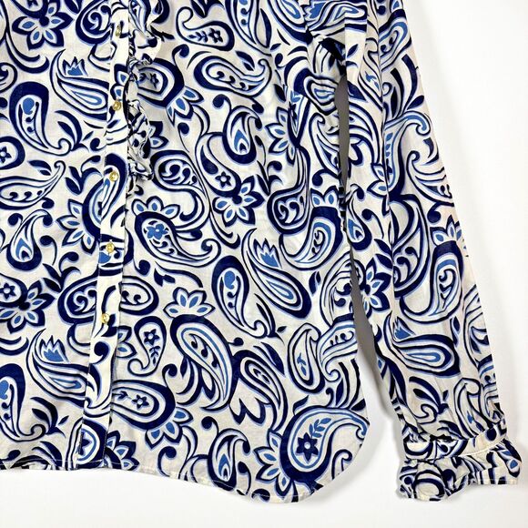 Talbots Shirt Womens Large Blue White Paisley Print Ruffle Button Up Cotton Top - Picture 3 of 14